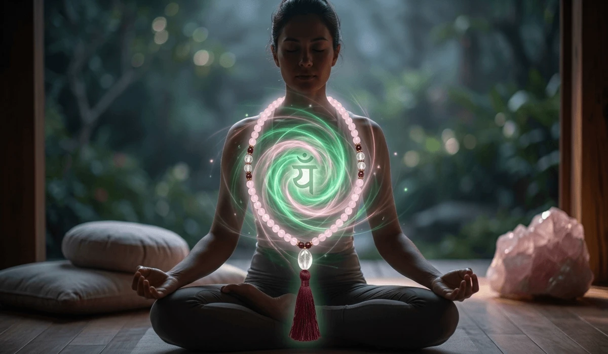 Rose Quartz Mala Beads: Meaning, Benefits, and Intentions for Love 1 - Buddha Bodhis Conceptual illustration of Rose Quartz mala beads helping to align the heart chakra with glowing pink and green light.