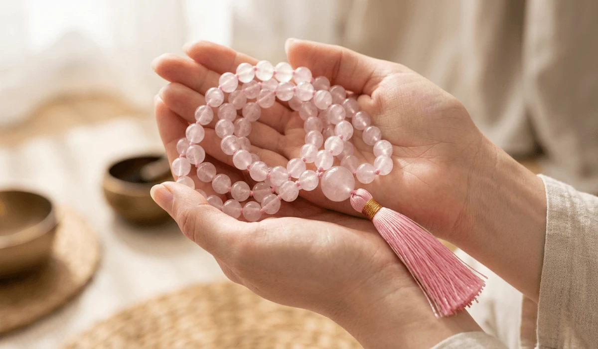 Rose Quartz Mala Beads: Meaning, Benefits, and Intentions for Love - Buddha Bodhis A detailed close-up of traditional Rose Quartz mala beads with a pink tassel, held by a practitioner for meditation.