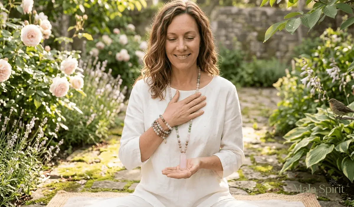 Rose Quartz Mala Beads: Meaning, Benefits, and Intentions for Love 2 - Buddha Bodhis A woman wearing Rose Quartz mala beads as both a necklace and a wrap bracelet during a mindfulness practice.