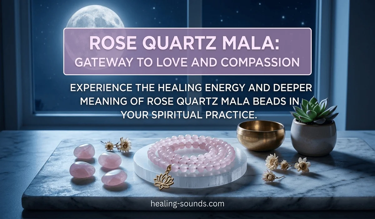 Rose Quartz Mala Beads: Meaning, Benefits, and Intentions for Love 4 - Buddha Bodhis Rose Quartz mala beads being charged on a selenite plate under the moonlight to restore healing properties.