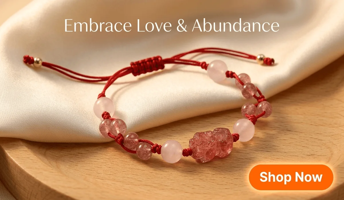 Rose Quartz Mala Beads: Meaning, Benefits, and Intentions for Love 3 - Buddha Bodhis Handcrafted Rose Quartz and Strawberry Quartz Pixiu Red String Bracelet for Love and Wealth with Shop Now button.