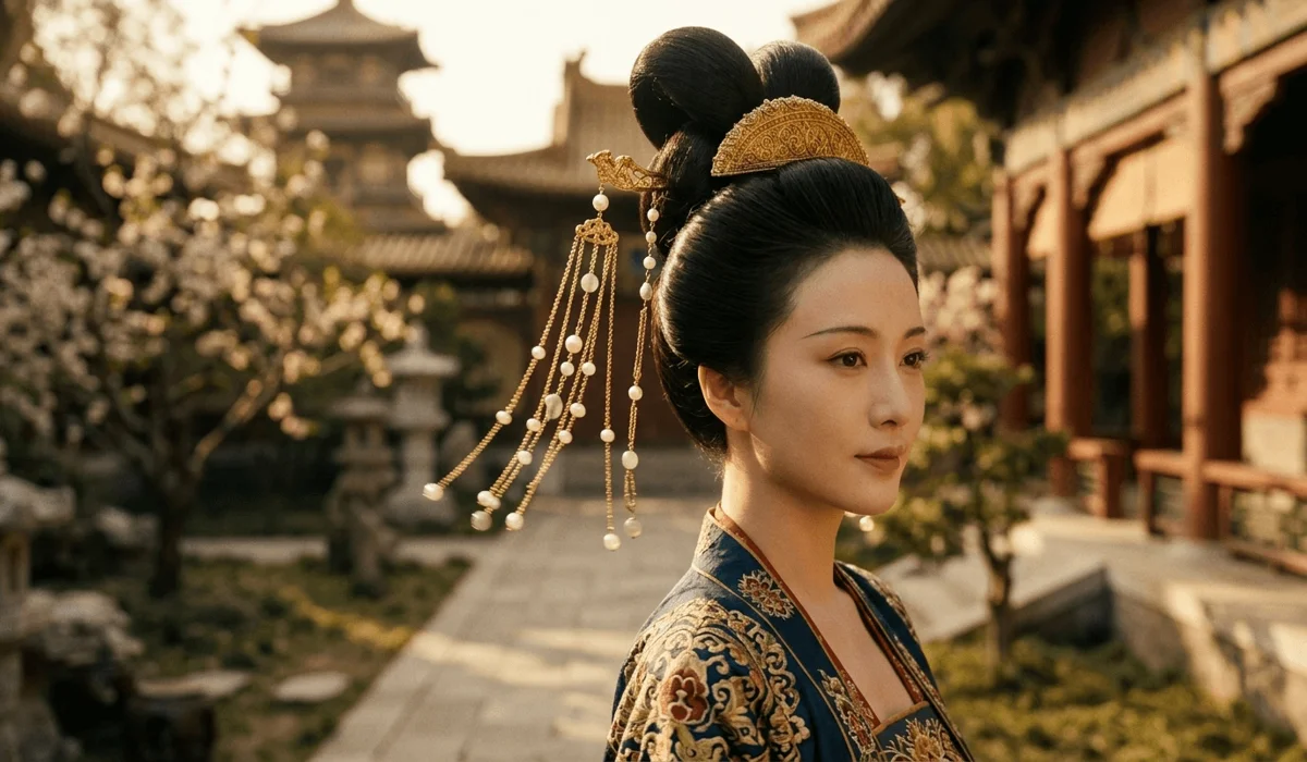 The History and Symbolic Meaning of Buyao: Traditional Chinese Dangling Hairpins - Buddha Bodhis Ancient Chinese noblewoman wearing a gold Buyao dangling hairpin in a Tang Dynasty palace garden, illustrating the step-shake movement.