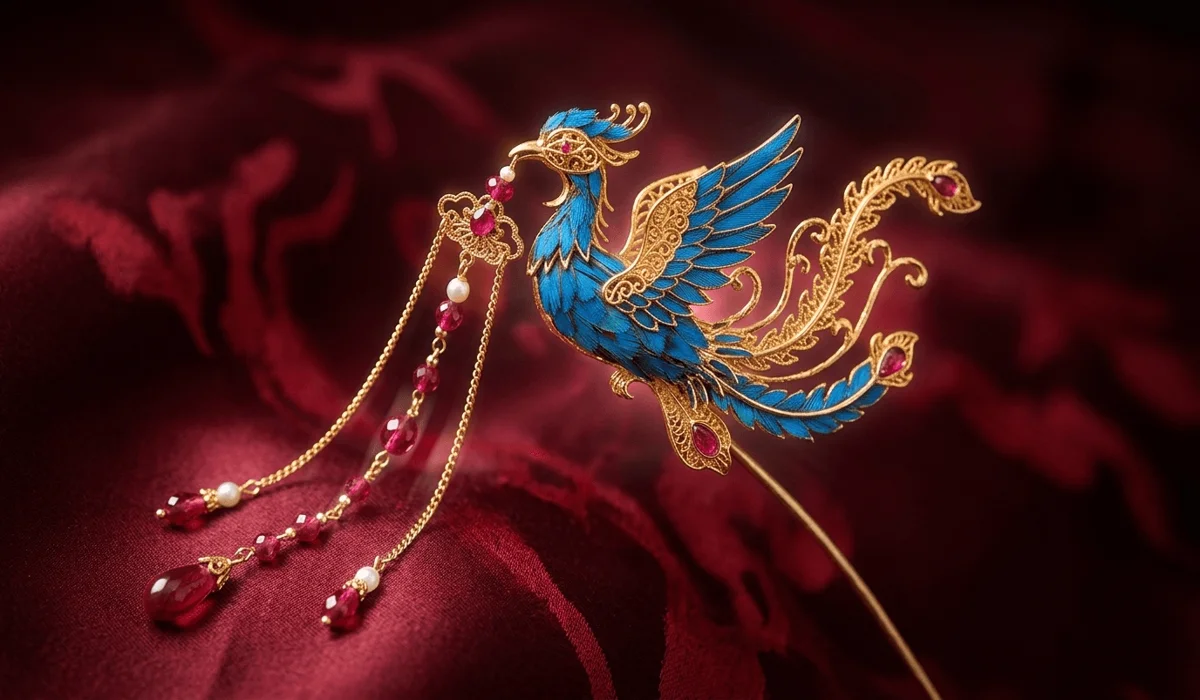 The History and Symbolic Meaning of Buyao: Traditional Chinese Dangling Hairpins 1 - Buddha Bodhis Intricate phoenix-themed gold and jade Buyao hairpin with dangling tassels, symbolizing traditional Chinese spiritual meaning and grace.