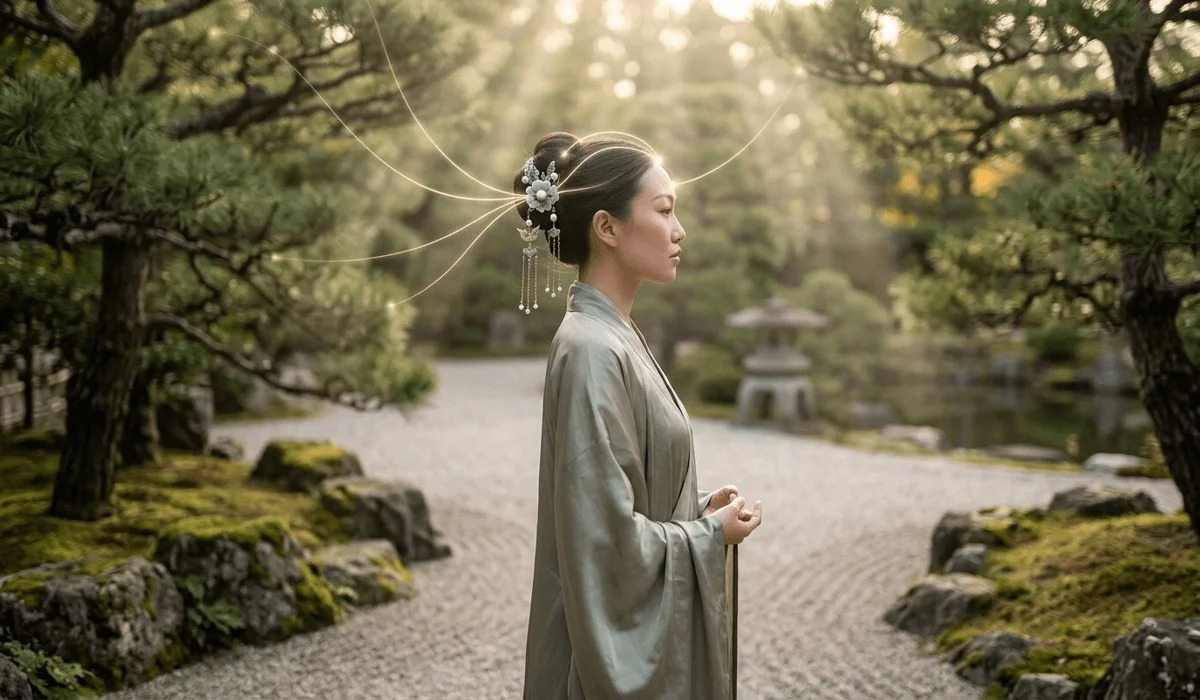 The History and Symbolic Meaning of Buyao: Traditional Chinese Dangling Hairpins 3 - Buddha Bodhis A woman wearing a Buyao hairpin for mindfulness and chakra alignment, practicing graceful walking in a Zen garden.