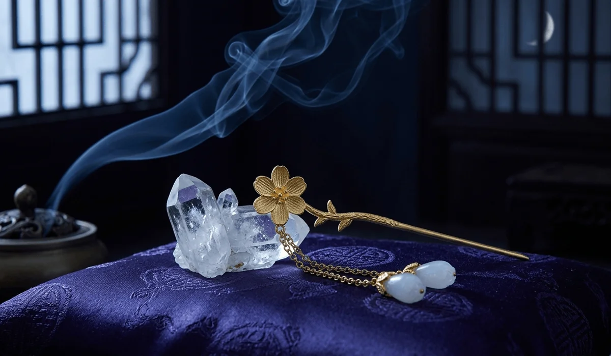 The History and Symbolic Meaning of Buyao: Traditional Chinese Dangling Hairpins 4 - Buddha Bodhis Traditional Chinese Buyao hairpin being charged under moonlight with quartz crystals and sandalwood incense for spiritual cleansing.