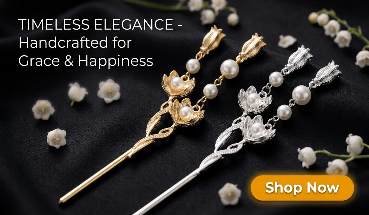 The History and Symbolic Meaning of Buyao: Traditional Chinese Dangling Hairpins 2 - Buddha Bodhis Exquisite handcrafted gold and silver Lily of the Valley metal hairpins with pearl drops, a luxury floral hair accessory for elegant styling.