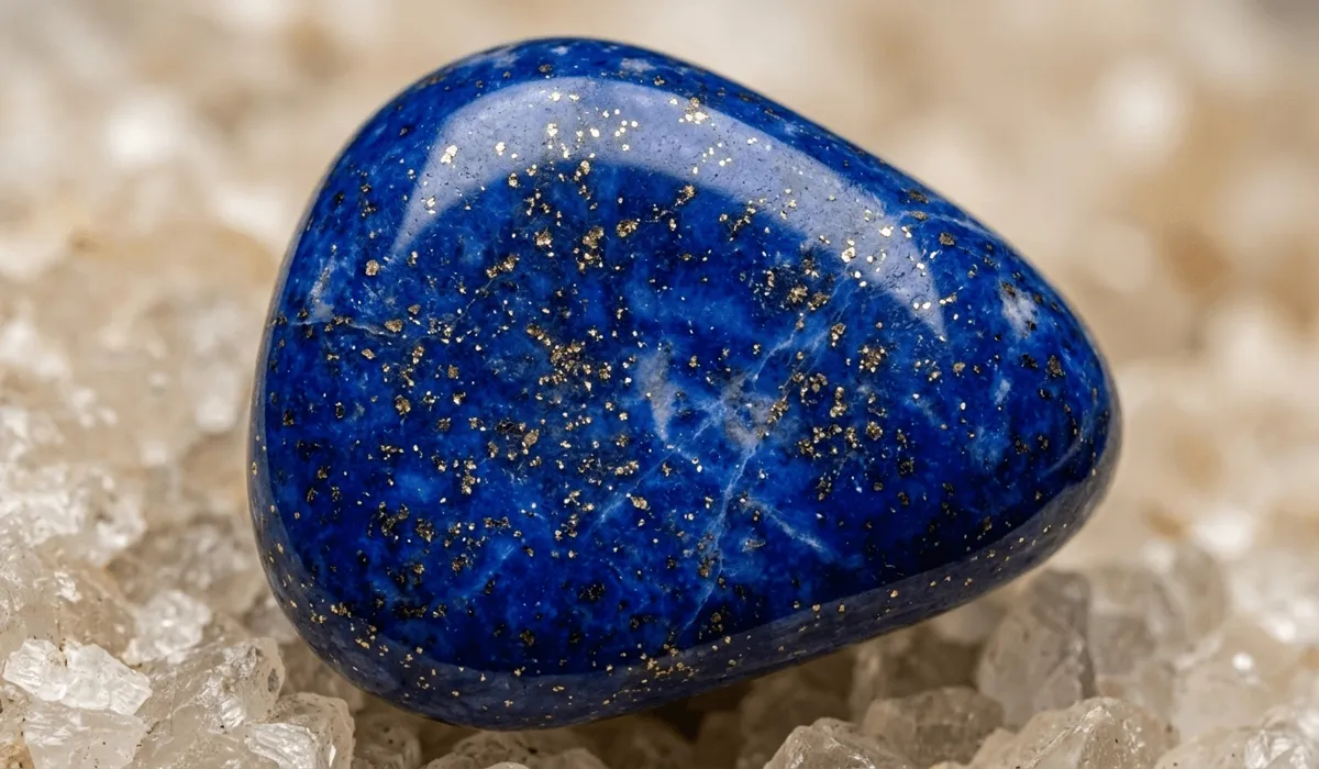 How Lapis Lazuli Enhances Communication and Confidence in Public Speaking - Buddha Bodhis Macro shot of polished Lapis Lazuli gemstone showing deep blue lazurite and golden pyrite flecks.