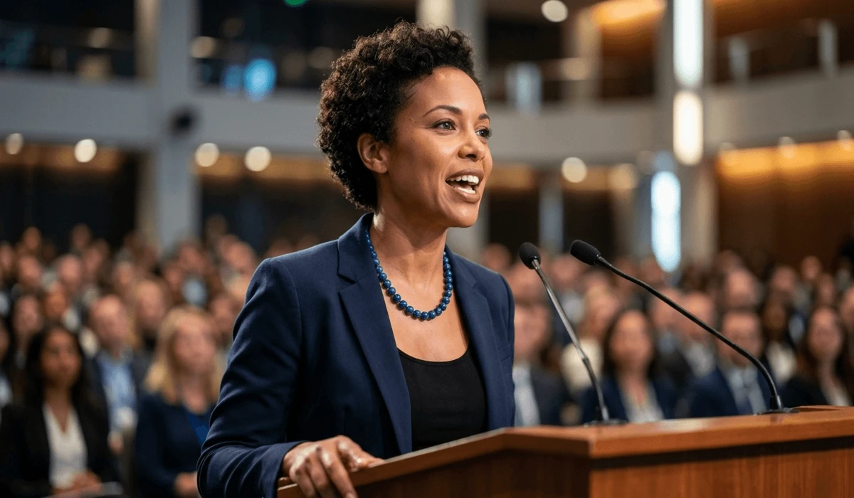 How Lapis Lazuli Enhances Communication and Confidence in Public Speaking 3 - Buddha Bodhis A professional speaker wearing a Lapis Lazuli necklace for confidence and clarity during a public speech.