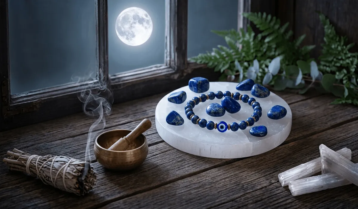 How Lapis Lazuli Enhances Communication and Confidence in Public Speaking 4 - Buddha Bodhis Lapis Lazuli jewelry being cleansed and charged under moonlight on a Selenite plate.