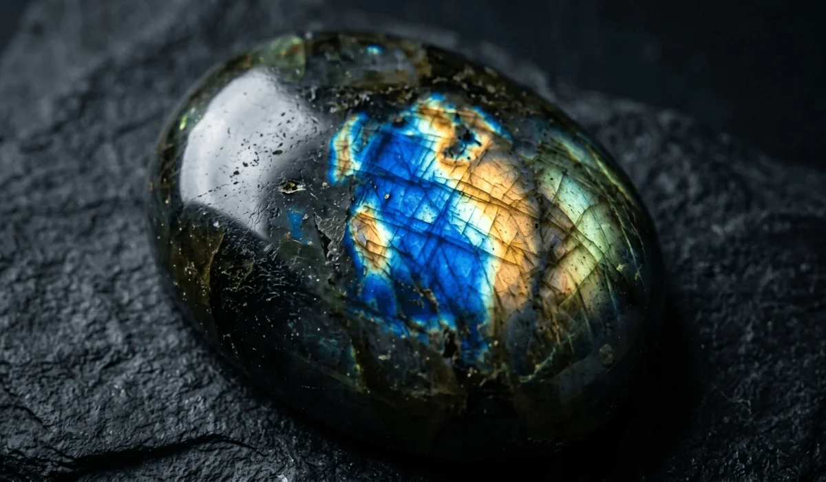 Healing with Labradorite: A Guide to Relieving Anxiety and Embracing Change - Buddha Bodhis Macro view of a polished Labradorite stone exhibiting intense blue and green labradorescence flashes.