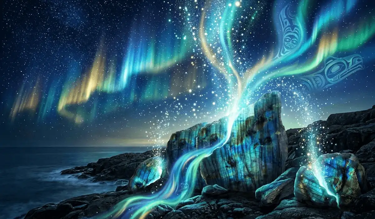 Healing with Labradorite: A Guide to Relieving Anxiety and Embracing Change 1 - Buddha Bodhis Mystical illustration of Northern Lights trapped within Labradorite stones on a rugged coast, representing the stone's spiritual origins.