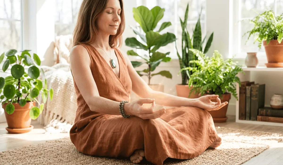 Healing with Labradorite: A Guide to Relieving Anxiety and Embracing Change 3 - Buddha Bodhis A woman wearing a Labradorite bracelet and necklace in a peaceful meditation setting for emotional healing.
