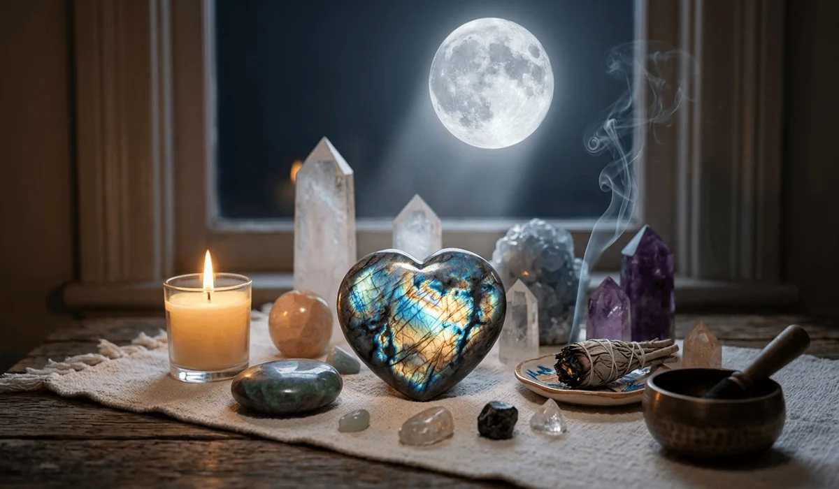 Healing with Labradorite: A Guide to Relieving Anxiety and Embracing Change 4 - Buddha Bodhis Labradorite crystal being charged under full moonlight next to cleansing sage smoke on a wooden altar.