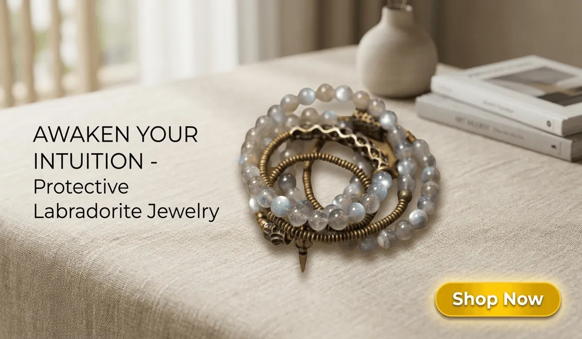 Healing with Labradorite: A Guide to Relieving Anxiety and Embracing Change 2 - Buddha Bodhis Mystic Labradorite and Vintage Brass Spiral Bracelet for intuition and protection on a luxury spiritual lifestyle background with Shop Now button