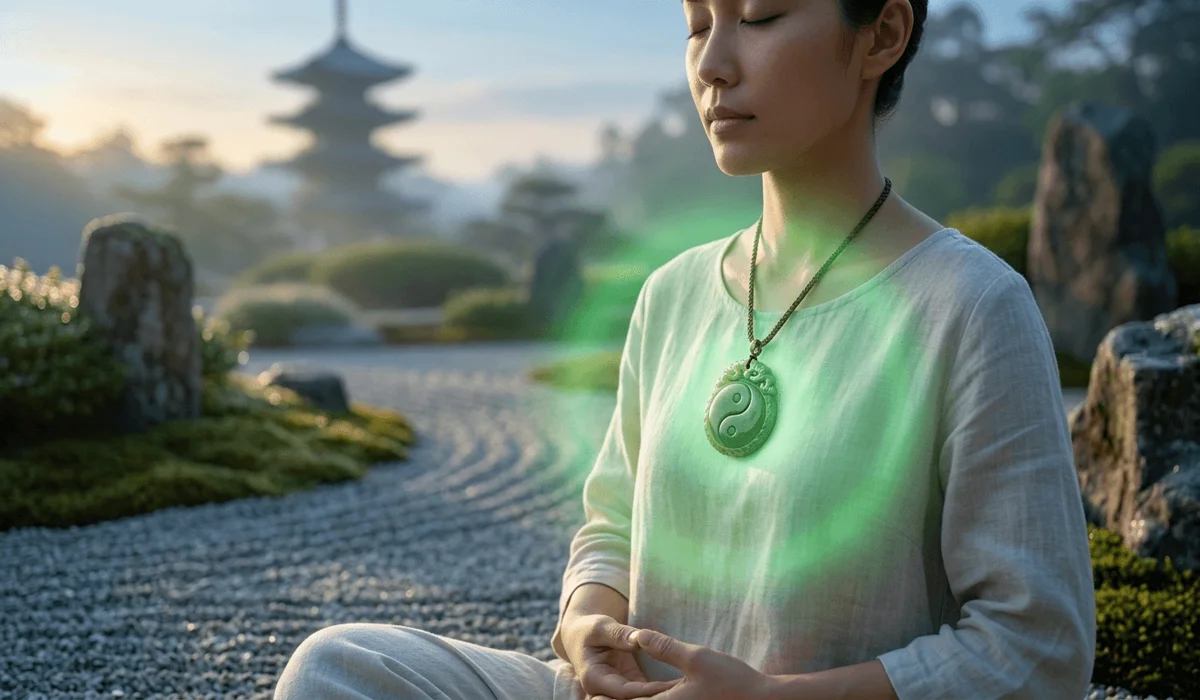 The Spiritual Connection of Jade Chinese Zodiac Pendants: Meanings and Benefits 1 - Buddha Bodhis Spiritual visualization of a jade zodiac pendant aligning the Heart Chakra during meditation for emotional balance.