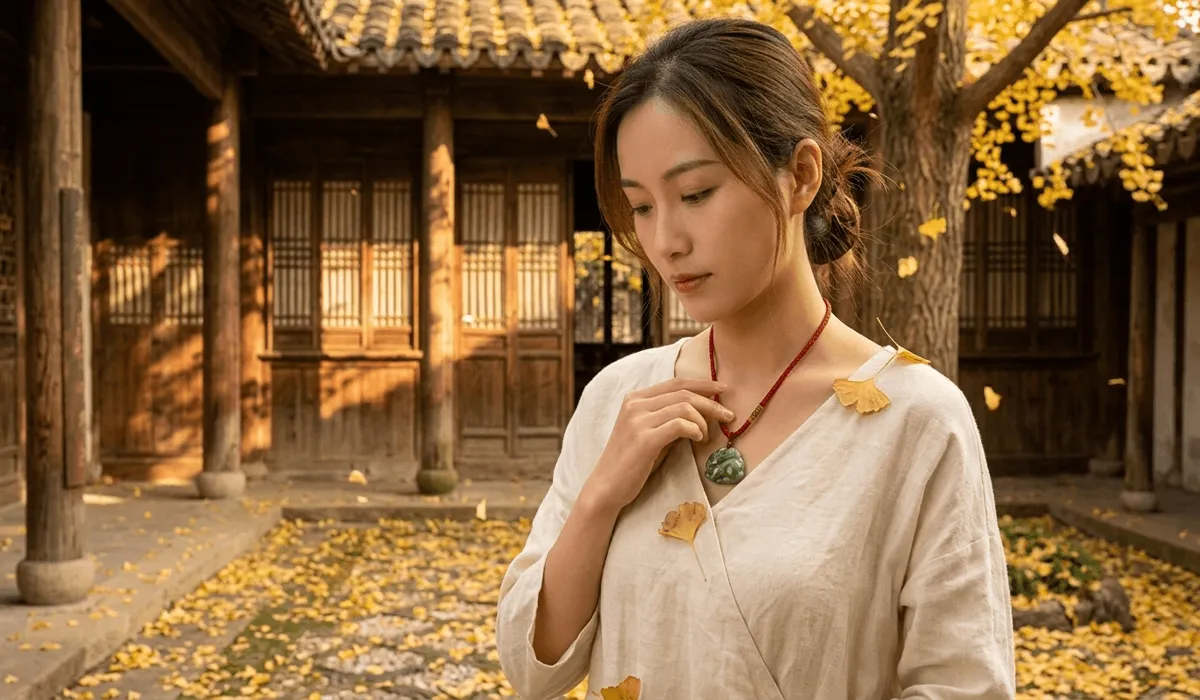 The Spiritual Connection of Jade Chinese Zodiac Pendants: Meanings and Benefits 3 - Buddha Bodhis A woman wearing a jade zodiac pendant for spiritual protection and grounding in a traditional cultural setting.