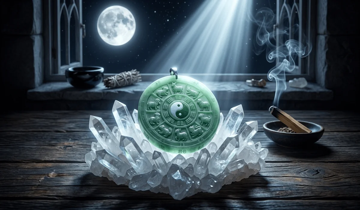 The Spiritual Connection of Jade Chinese Zodiac Pendants: Meanings and Benefits 4 - Buddha Bodhis A jade zodiac pendant being cleansed and charged under moonlight on a bed of quartz crystals to replenish energy.