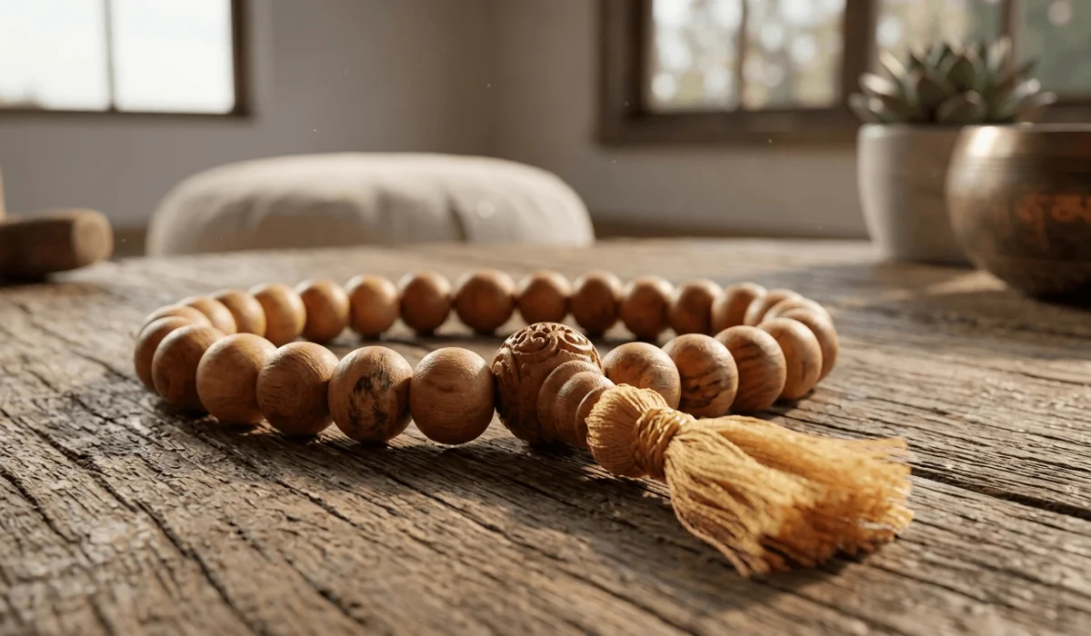 How to Use a Wrist Mala for Mantra Chanting: A Step-by-Step Guide - Buddha Bodhis A close-up of a 27-bead sandalwood wrist mala showing the Guru bead and tassel on a wooden surface, illustrating its basic characteristics.