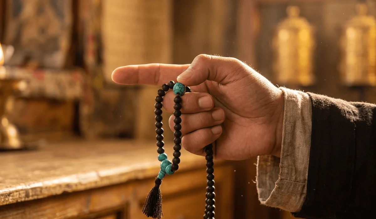 How to Use a Wrist Mala for Mantra Chanting: A Step-by-Step Guide 2 - Buddha Bodhis Step-by-step guide showing how to hold a wrist mala in the right hand using the thumb and middle finger for mantra chanting.