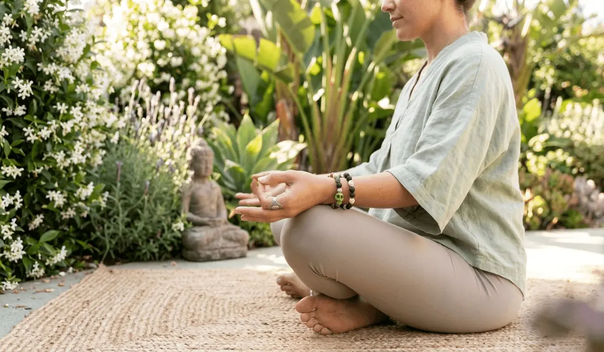 How to Use a Wrist Mala for Mantra Chanting: A Step-by-Step Guide 3 - Buddha Bodhis A practitioner wearing a wrist mala on their left hand during a quiet moment, highlighting the portability and daily use of meditation bracelets.