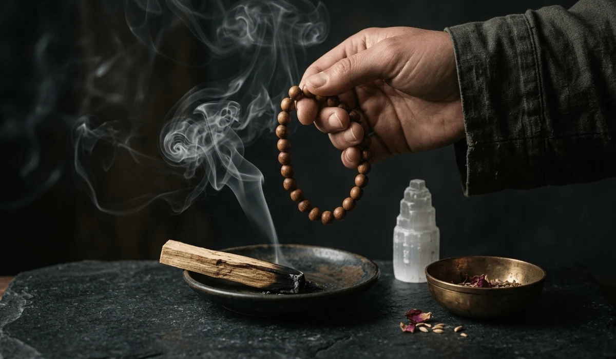 How to Use a Wrist Mala for Mantra Chanting: A Step-by-Step Guide 4 - Buddha Bodhis A wrist mala being cleansed with Palo Santo smoke on an altar, demonstrating how to charge and care for sacred jewelry.
