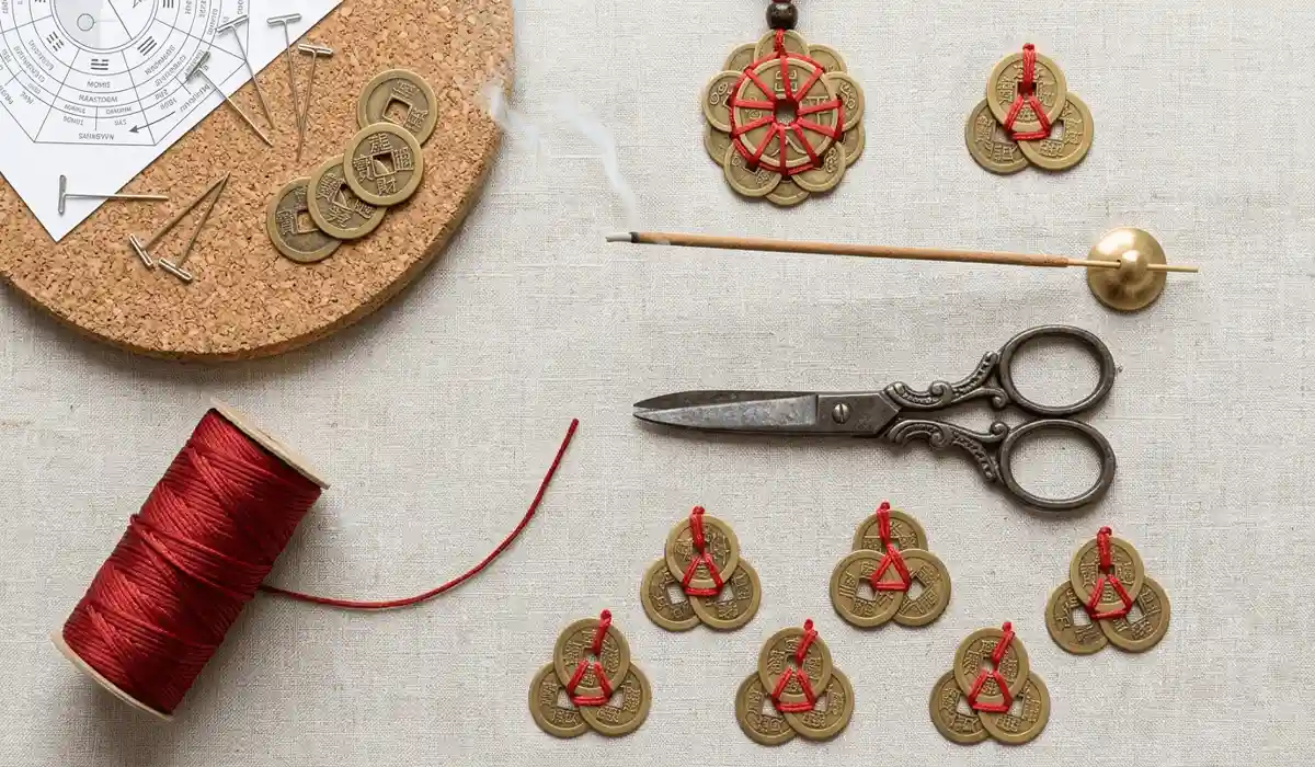 Step-by-Step Guide: How to Tie a Simple Feng Shui Mystic Knot 1 - Buddha Bodhis Sacred materials for making a Feng Shui knot including red silk cord, scissors, and incense.
