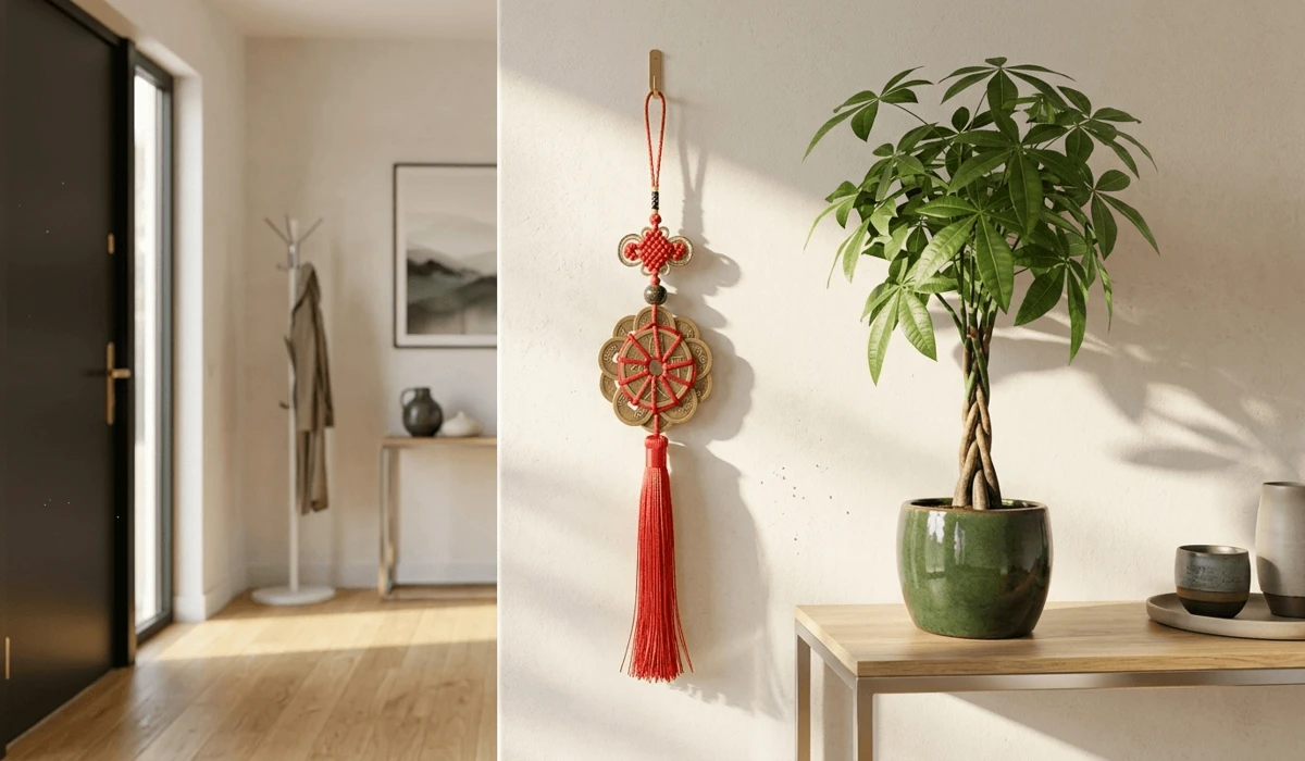 Step-by-Step Guide: How to Tie a Simple Feng Shui Mystic Knot 4 - Buddha Bodhis Red Feng Shui Mystic Knot hanging in a home's wealth sector to attract abundance and positive Chi.