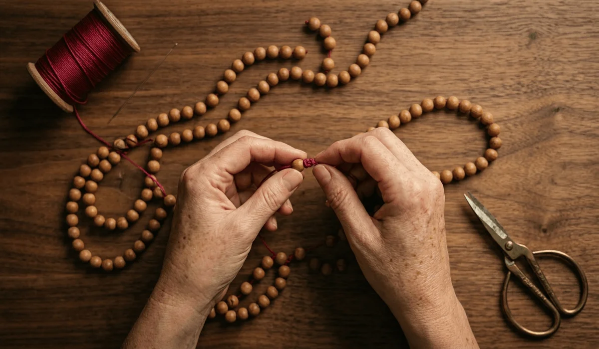 Restringing Your Mala Beads: A Step-by-Step Spiritual Ritual and Repair Guide - Buddha Bodhis A top-down view of hands restringing a mala with sandalwood beads and silk cord using the traditional overhand knot technique.