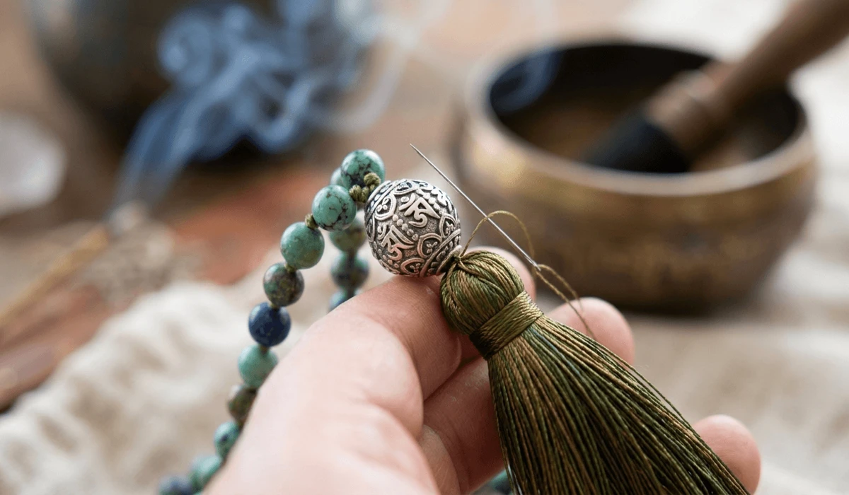 Restringing Your Mala Beads: A Step-by-Step Spiritual Ritual and Repair Guide 2 - Buddha Bodhis Close-up of a decorative silver guru bead and a vibrant silk tassel on a hand-knotted spiritual mala.