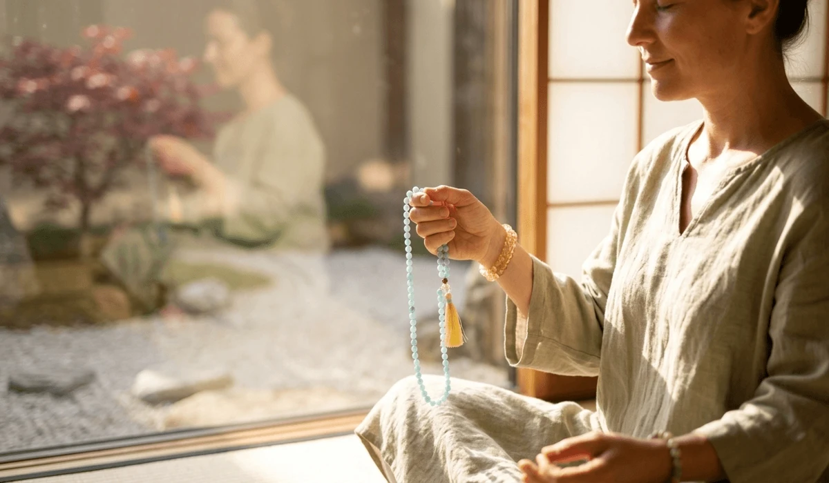 Restringing Your Mala Beads: A Step-by-Step Spiritual Ritual and Repair Guide 3 - Buddha Bodhis A person practicing Japa meditation using a newly restrung gemstone mala for intention setting.