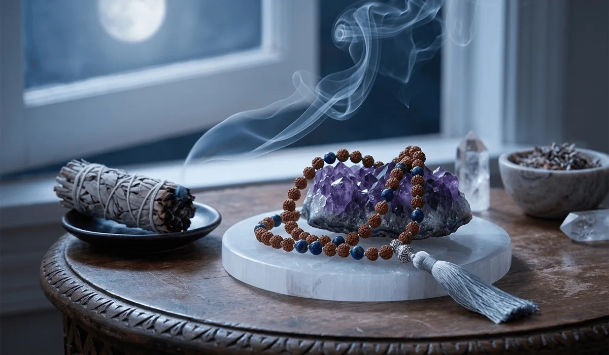 Restringing Your Mala Beads: A Step-by-Step Spiritual Ritual and Repair Guide 4 - Buddha Bodhis A restrung mala being cleansed with sage smoke on a selenite charging plate alongside amethyst crystals.