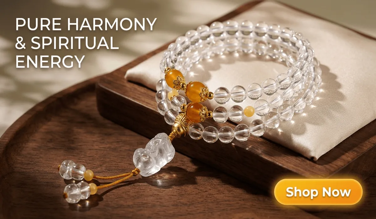 Restringing Your Mala Beads: A Step-by-Step Spiritual Ritual and Repair Guide 1 - Buddha Bodhis Handcrafted 108 White Crystal Mala Bracelet with Amber beads and gold accents, spiritual meditation jewelry for inner peace and energy balance.