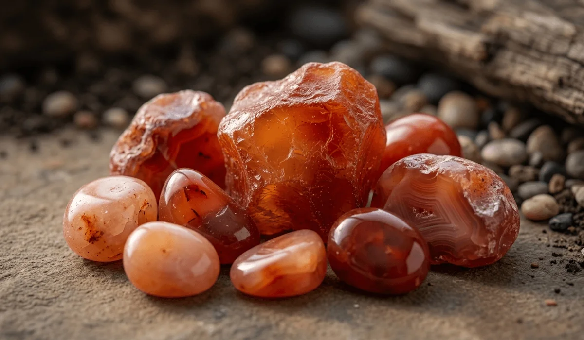 Harnessing Carnelian for Confidence, Courage, and Public Speaking - Buddha Bodhis A detailed close-up of vibrant orange and red carnelian gemstones showing translucent textures and natural mineral banding.