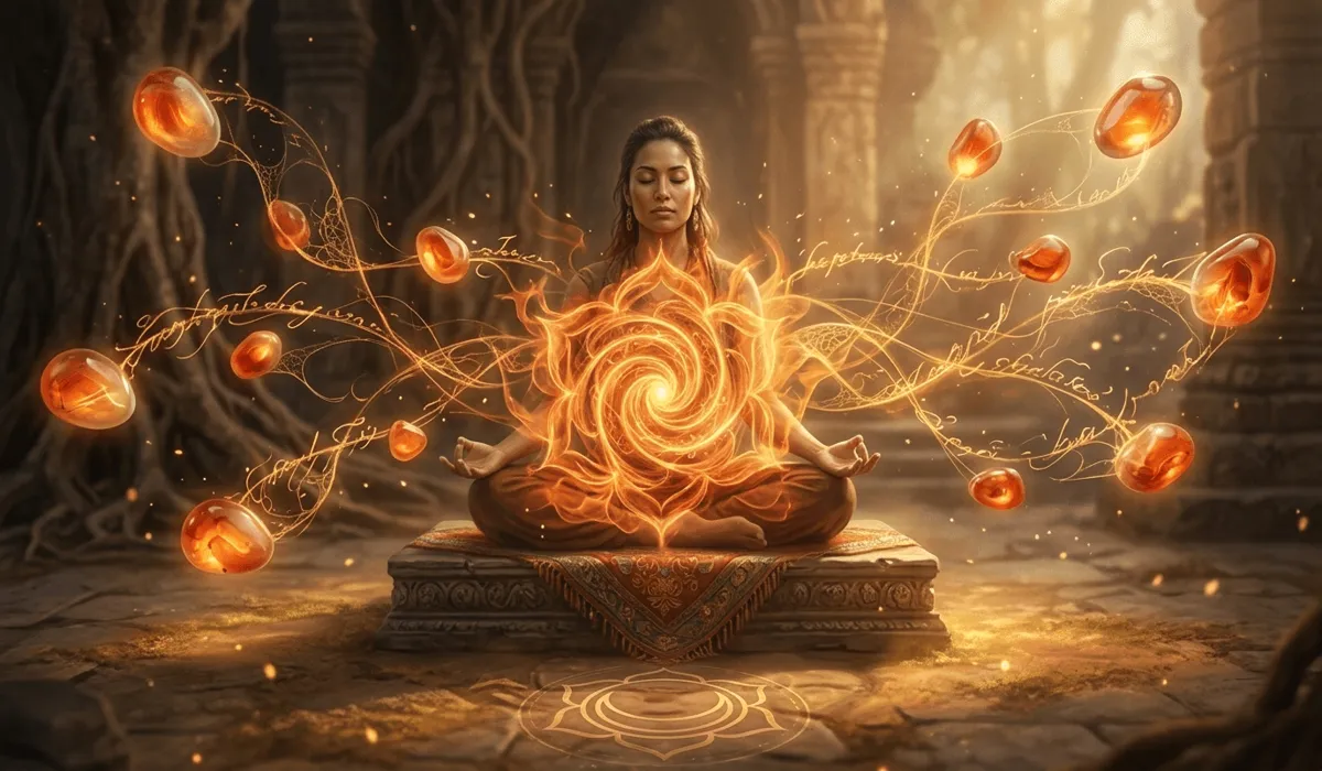 Harnessing Carnelian for Confidence, Courage, and Public Speaking 1 - Buddha Bodhis Digital art representing carnelian energy activating the sacral chakra for spiritual healing and creativity.
