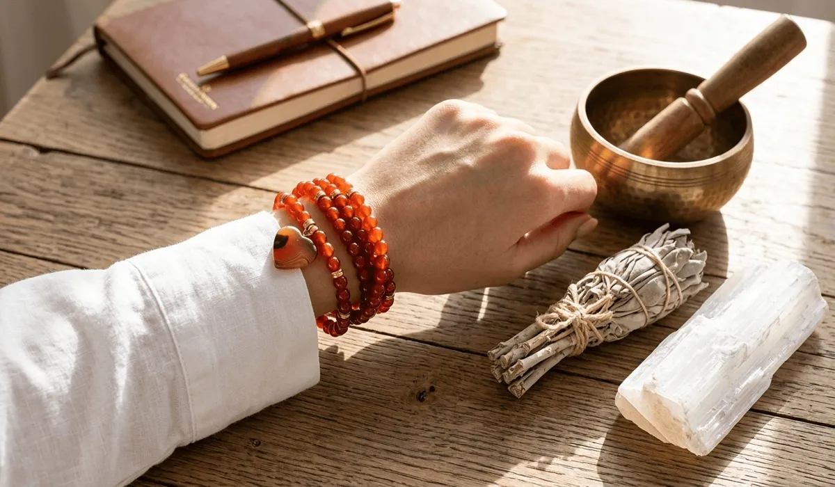 Harnessing Carnelian for Confidence, Courage, and Public Speaking 3 - Buddha Bodhis A carnelian beaded bracelet on a wrist being charged in sunlight next to spiritual cleansing tools like sage and a singing bowl.