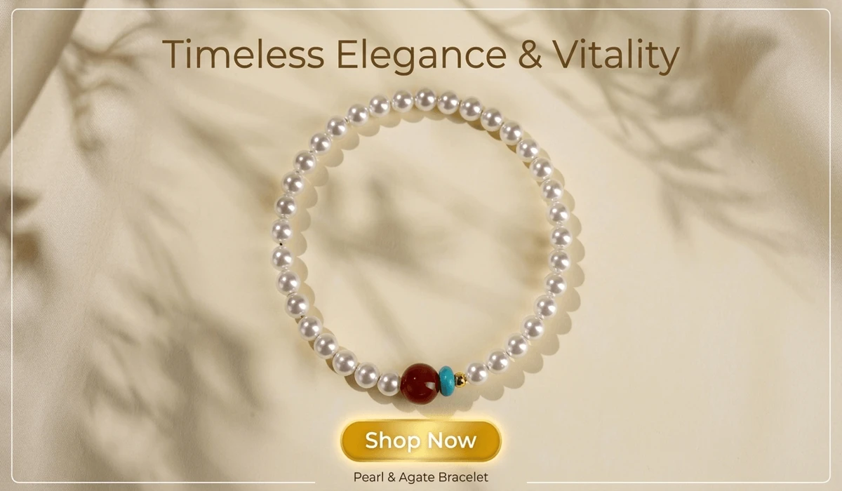 Harnessing Carnelian for Confidence, Courage, and Public Speaking 2 - Buddha Bodhis Handcrafted shell pearl and red agate bracelet on elegant background with Shop Now button.