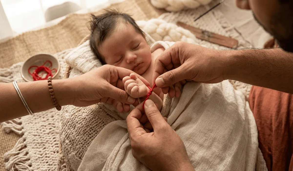 Red String Bracelets for Babies: Understanding the Tradition and Safety Guidelines 2 - Buddha Bodhis Parent tying a red string bracelet on a baby's left wrist as part of a traditional protection ritual.