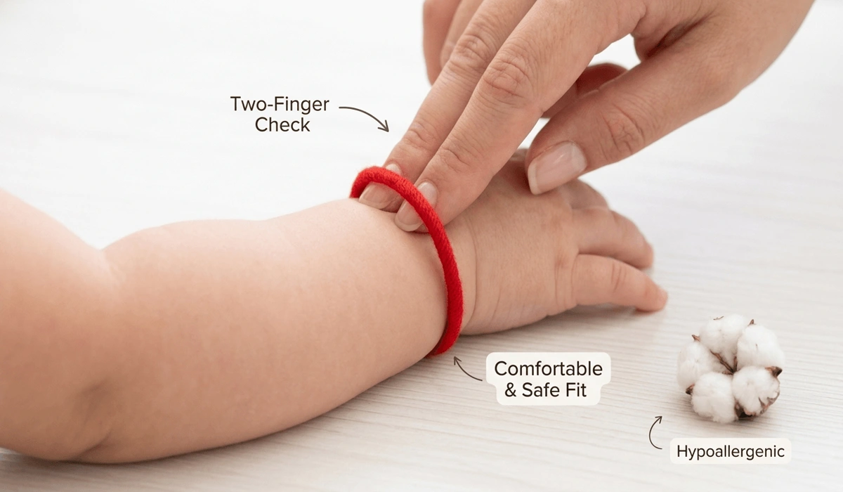 Red String Bracelets for Babies: Understanding the Tradition and Safety Guidelines 4 - Buddha Bodhis Demonstrating the two-finger safety rule for a baby's red string bracelet to ensure proper circulation.