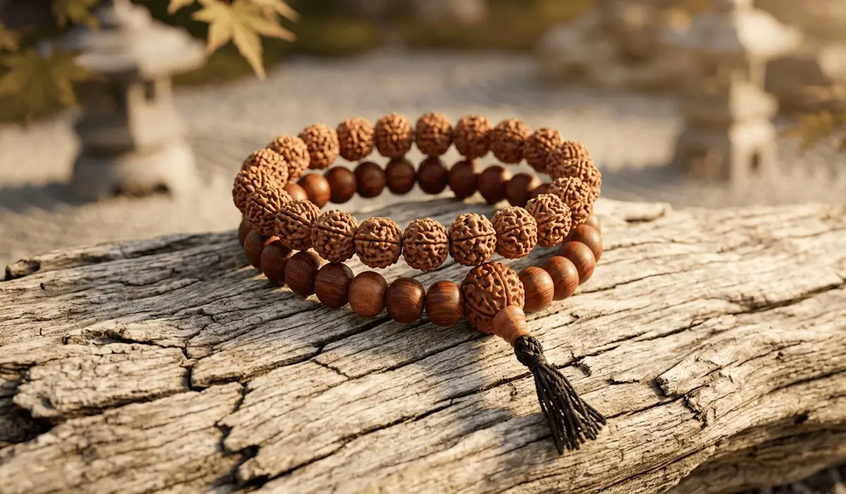Caring for Your Sacred Mala: Can You Wear it in the Shower? - Buddha Bodhis Authentic organic Rudraksha and Sandalwood wrist mala beads showing natural textures for meditation practice.
