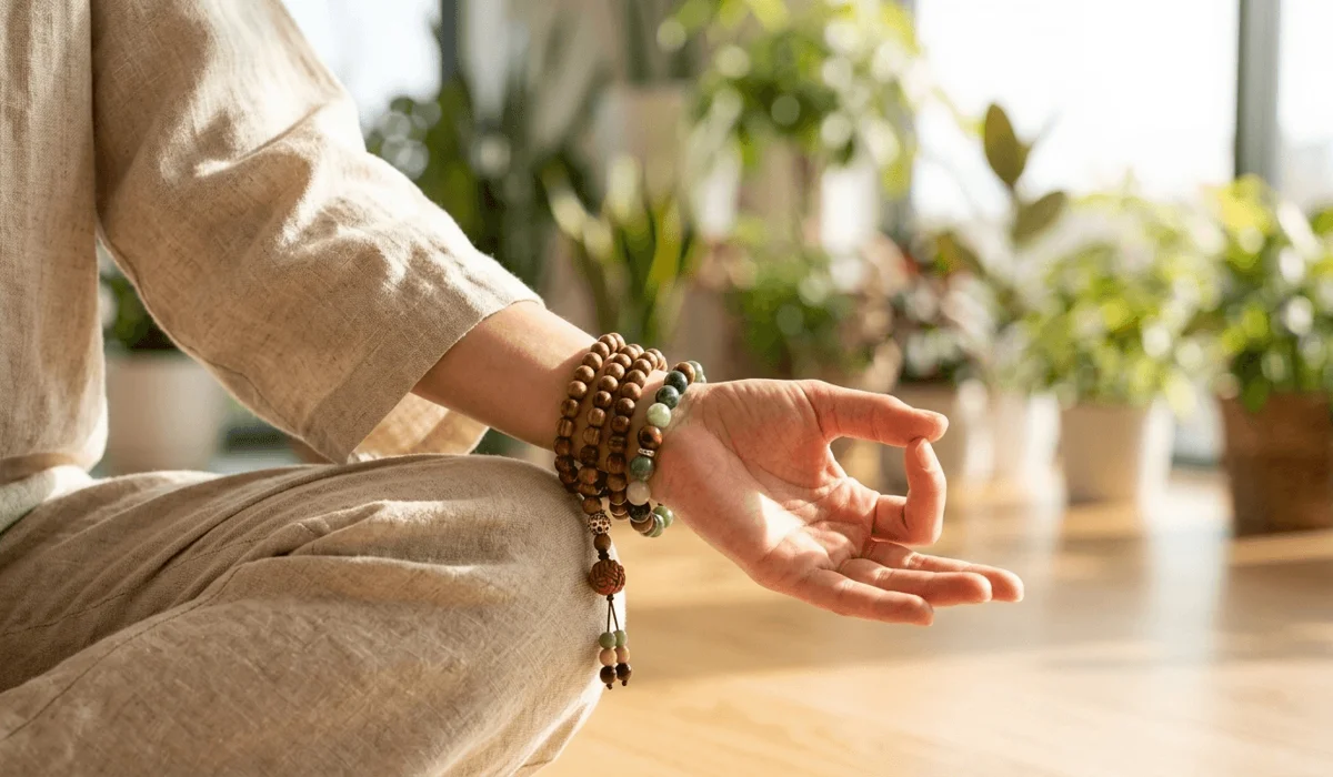 Caring for Your Sacred Mala: Can You Wear it in the Shower? 2 - Buddha Bodhis Wrist mala beads worn on the left hand for spiritual energy receiving and mindful daily wear.