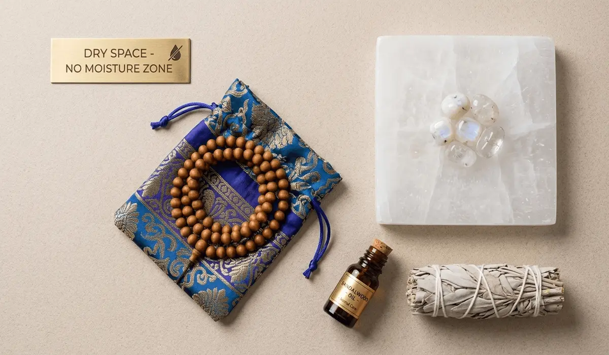Caring for Your Sacred Mala: Can You Wear it in the Shower? 4 - Buddha Bodhis Proper care and maintenance of wooden mala beads using a silk pouch and selenite for energetic cleansing.