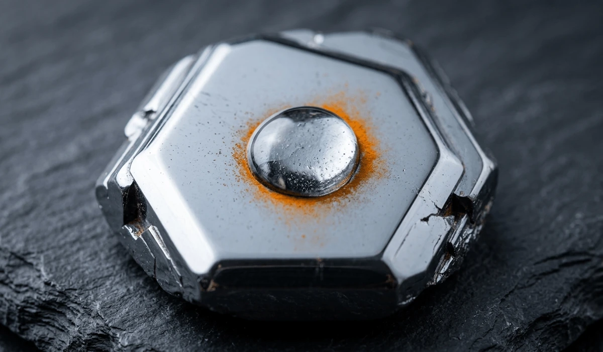 Can Hematite Go in Water? A Guide to Rust Prevention and Safe Cleansing - Buddha Bodhis Close-up of a polished metallic hematite stone with a water droplet, illustrating the risk of rust and oxidation on iron-based minerals.