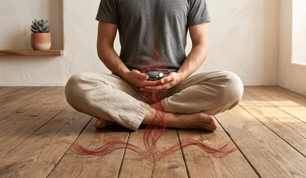 Can Hematite Go in Water? A Guide to Rust Prevention and Safe Cleansing 1 - Buddha Bodhis A person meditating with a hematite palm stone to activate the root chakra and enhance spiritual grounding.
