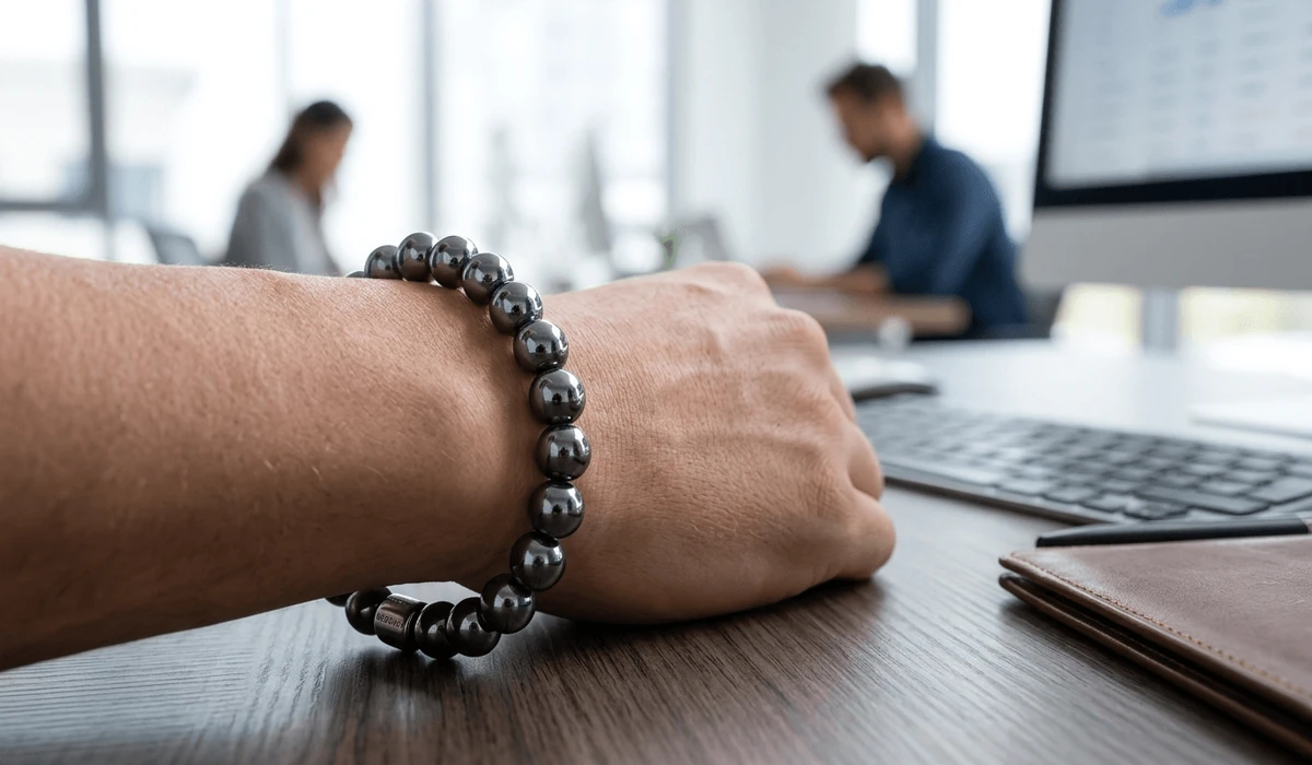 Can Hematite Go in Water? A Guide to Rust Prevention and Safe Cleansing 2 - Buddha Bodhis A stylish hematite bead bracelet worn for protection and mental clarity in a professional lifestyle setting.