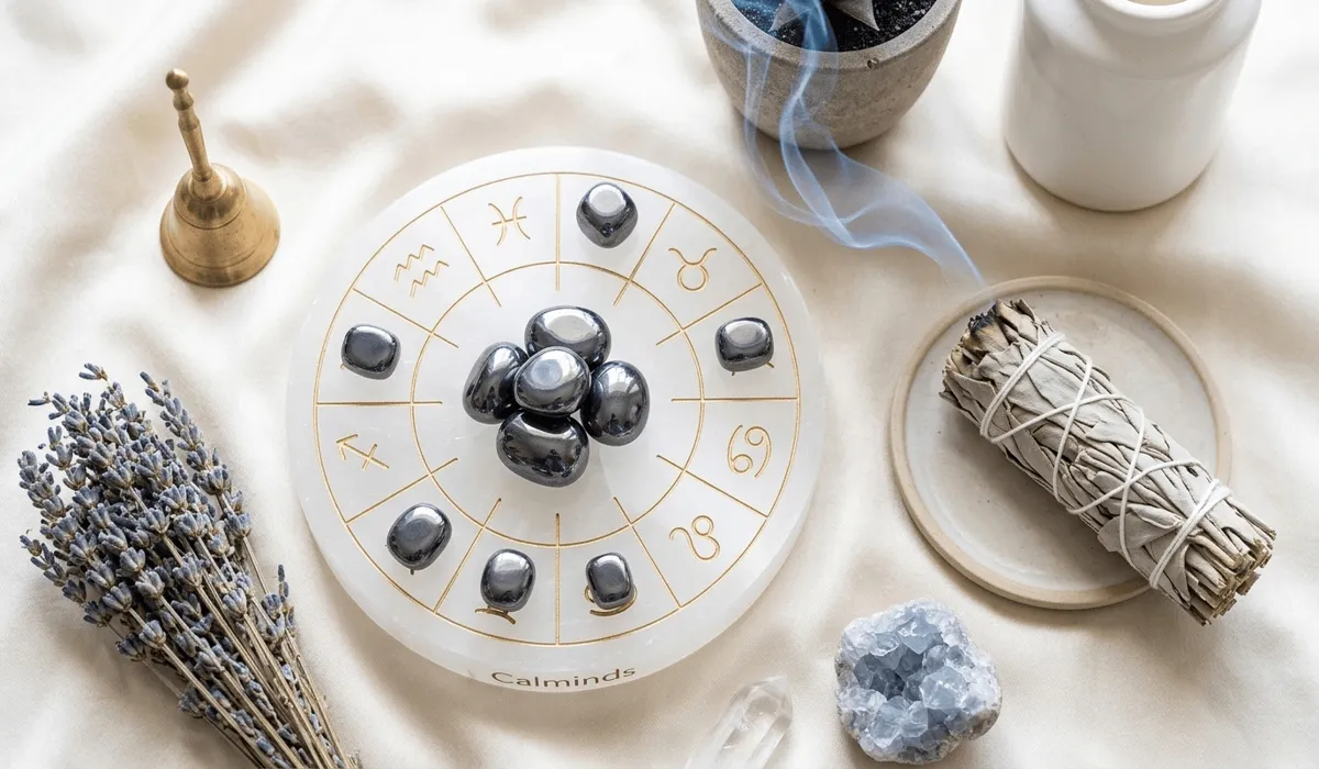Can Hematite Go in Water? A Guide to Rust Prevention and Safe Cleansing 4 - Buddha Bodhis Hematite stones being safely cleansed on a selenite charging plate with sage smoke to prevent water damage.