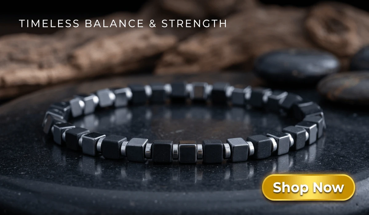 Can Hematite Go in Water? A Guide to Rust Prevention and Safe Cleansing 3 - Buddha Bodhis Natural Hematite Square Bead Bracelet for grounding and minimalist style, high-end jewelry photography with Shop Now button
