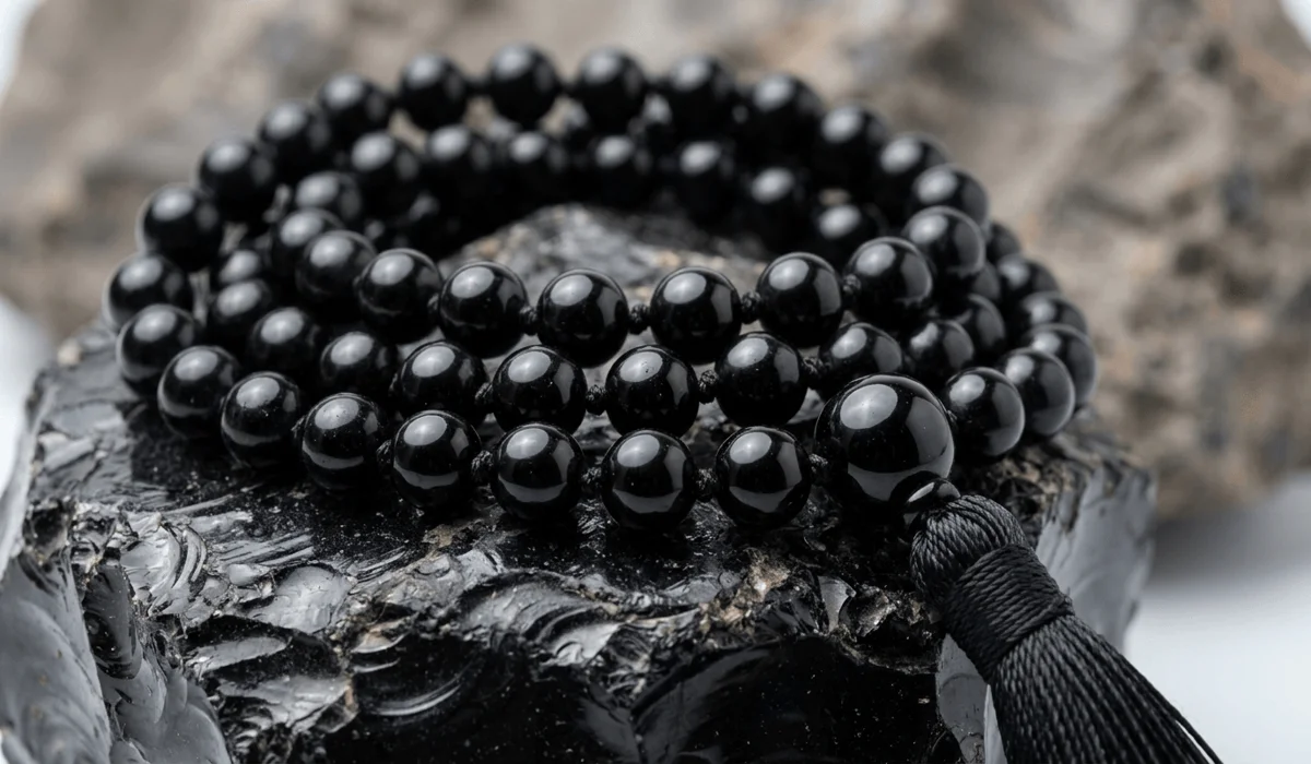Black Obsidian Mala Beads: A Spiritual Guide to Protection and Grounding - Buddha Bodhis High-quality black obsidian mala beads showing 108 beads and volcanic glass texture for meditation and spiritual grounding.