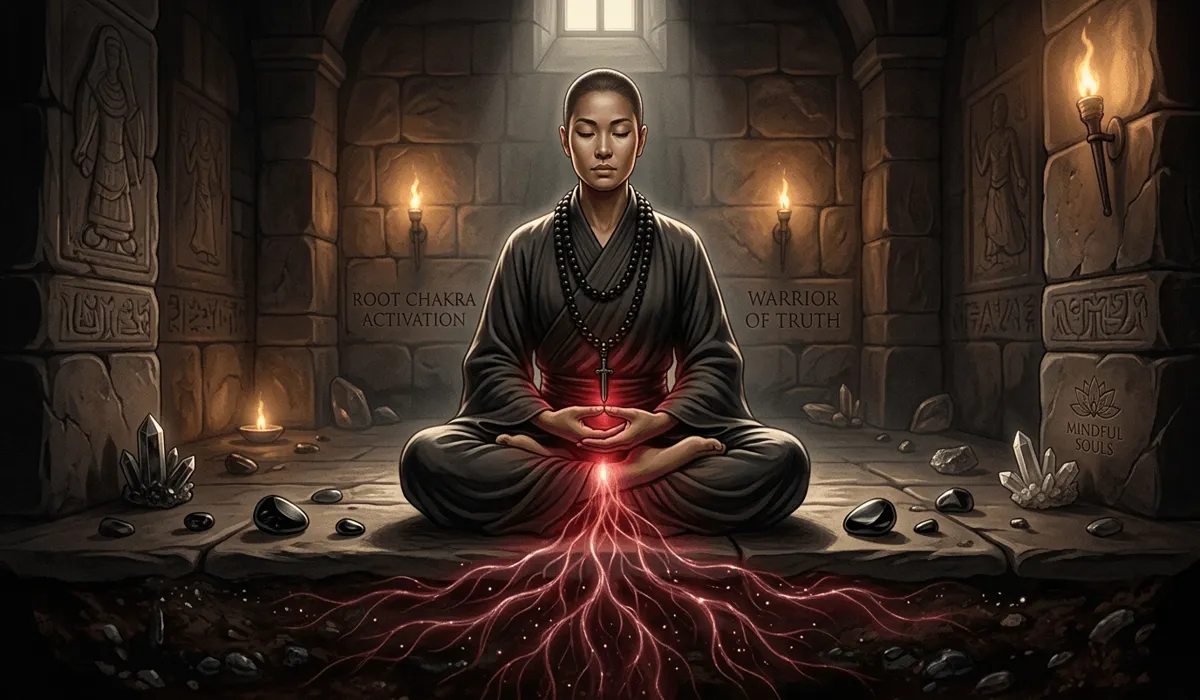 Black Obsidian Mala Beads: A Spiritual Guide to Protection and Grounding 1 - Buddha Bodhis A meditation scene illustrating Root Chakra activation and the spiritual meaning of black obsidian as a warrior stone.