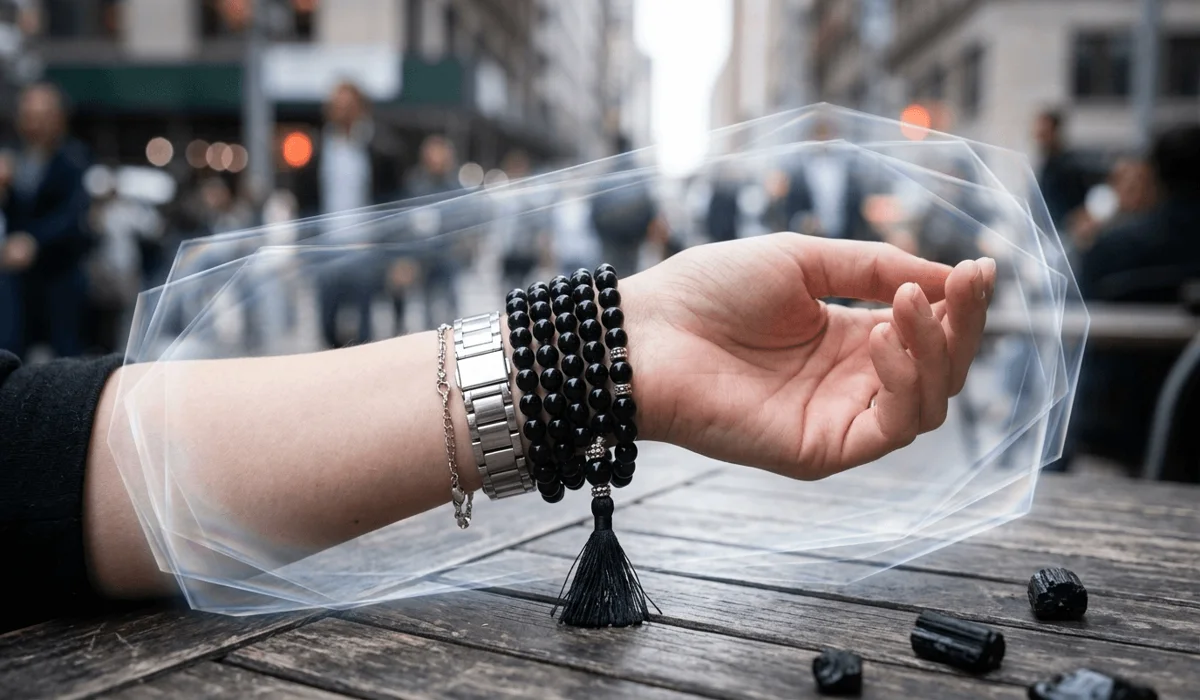 Black Obsidian Mala Beads: A Spiritual Guide to Protection and Grounding 3 - Buddha Bodhis Close-up of black obsidian mala beads worn on the left wrist to provide a negative energy shield and emotional stability.