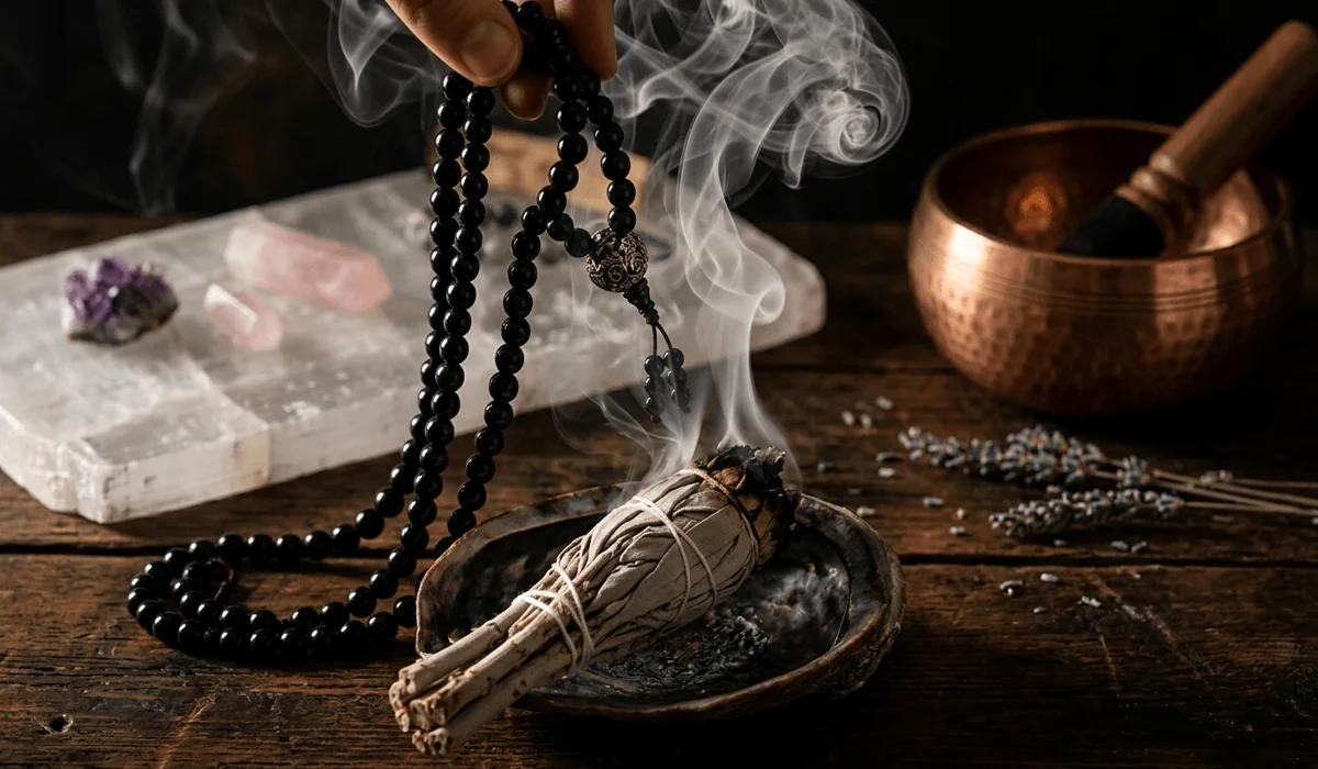 Black Obsidian Mala Beads: A Spiritual Guide to Protection and Grounding 6 - Buddha Bodhis Spiritual cleansing ritual for black obsidian mala beads using sage smoke and a selenite charging plate.